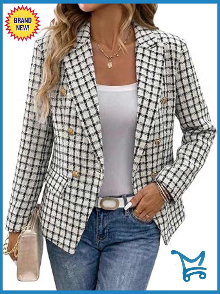 Tweed Plaid Double-Breasted Blazer Jacket Fully Lined Slim Fit Work Casual